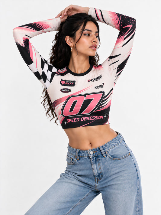Pink Pursuit – Full Sleeve Racing Crop Top